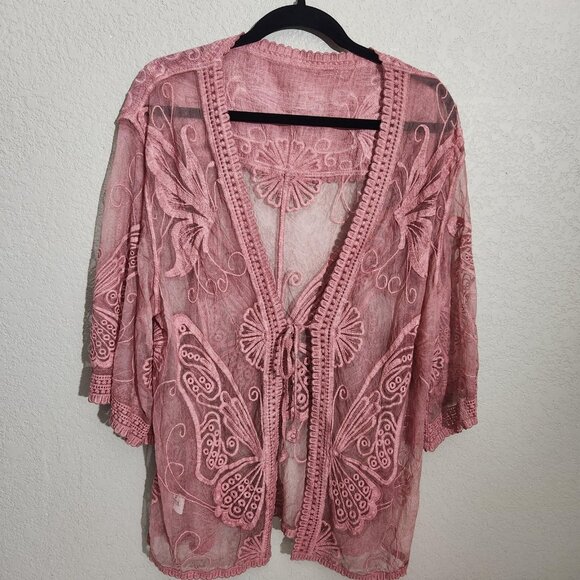 Embroidered Butterfly Cardigan Womens One Size Pink Sheer Kimono Lace Tie Front - Picture 1 of 15